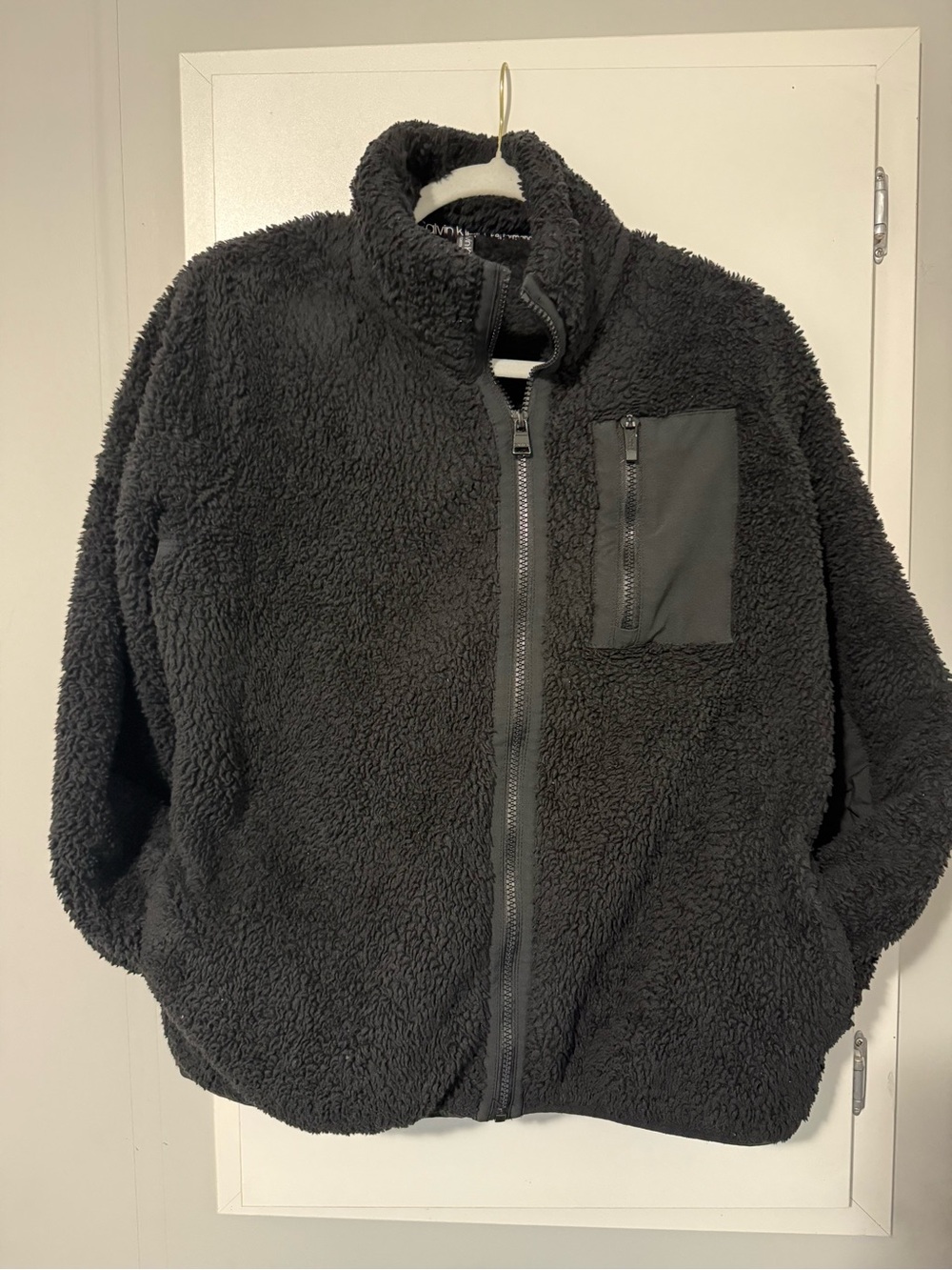 126. Calvin Klein Men's Black Sherpa Zip-Up Jacket with Chest Pocket